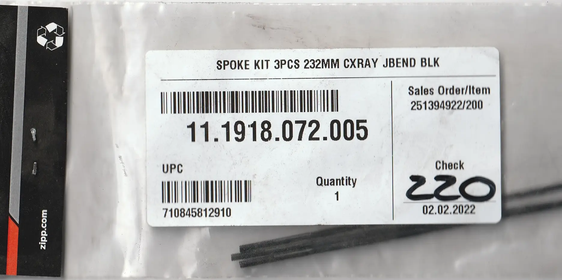 ZIPP J Bend Black Spoke Kit 232mm Code: 11.1918.072.005